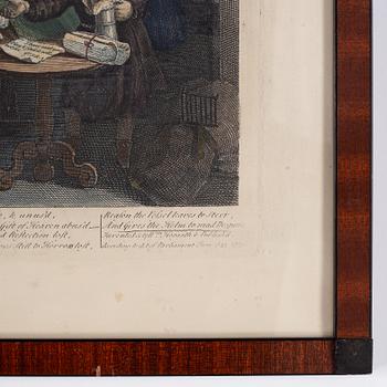 William Hogarth, efter, åtta stycken kolorerade etsningar och gravyrer.