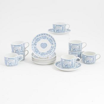 Stig Lindberg, eight 'boro' tea cups with saucers, Gustavsberg, Sweden.