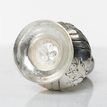 An English Rococo silver caster, mark of Samuel Smith III, London 1754.