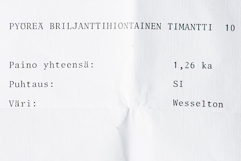 SORMUS, 18K valkokultaa, briljantti- ja 8/8 -hiottuja timantteja yhteensä n. 0,77 ct. A. Tillander. Paino n. 4,2 g.