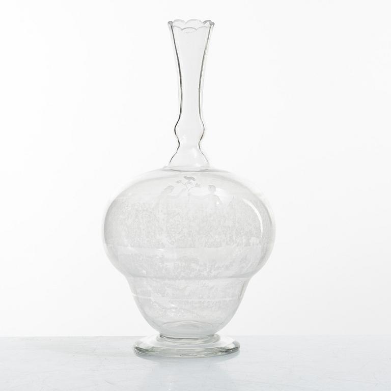 Carl Eldh, original drawings and an engraved glass decanter, Orrefors 1931.
