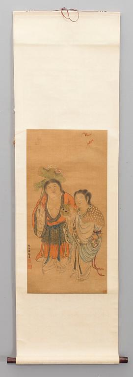 A hanging scroll, ink and colour on silk, Qing dynasty (1644-1912), signed Luo Ling.