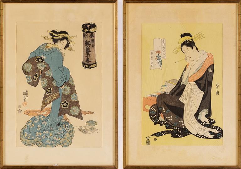 A set of three Bijin-ga woodblock prints, Japan, 19th Century.