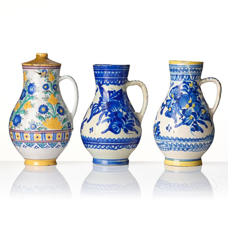 A group of seven European faiance and earthenware pitchers, partly France and Italy 19th century.