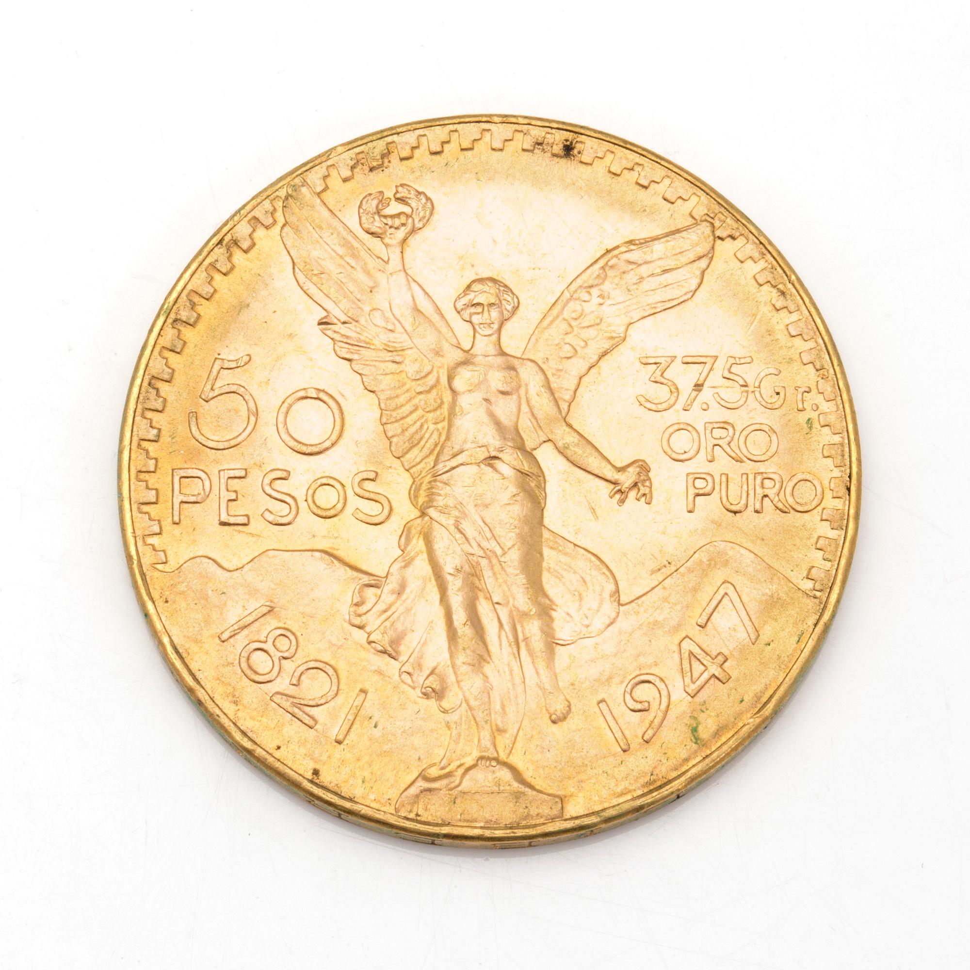 MEXICAN 50 PESOS GOLD COIN, 21,6ct, 1947. Ca 42 grams.