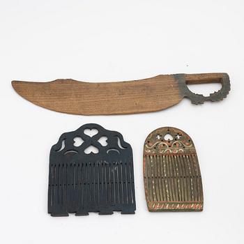 Bandskedar, 2 st, samt skäktkniv,  Sverige, allmoge, 1800-tal.