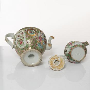 A Chinese Canton porcelain teapot, two leaf dishes, a bowl with cover and a jug, Qing dynasty 19th century and 20th cent.