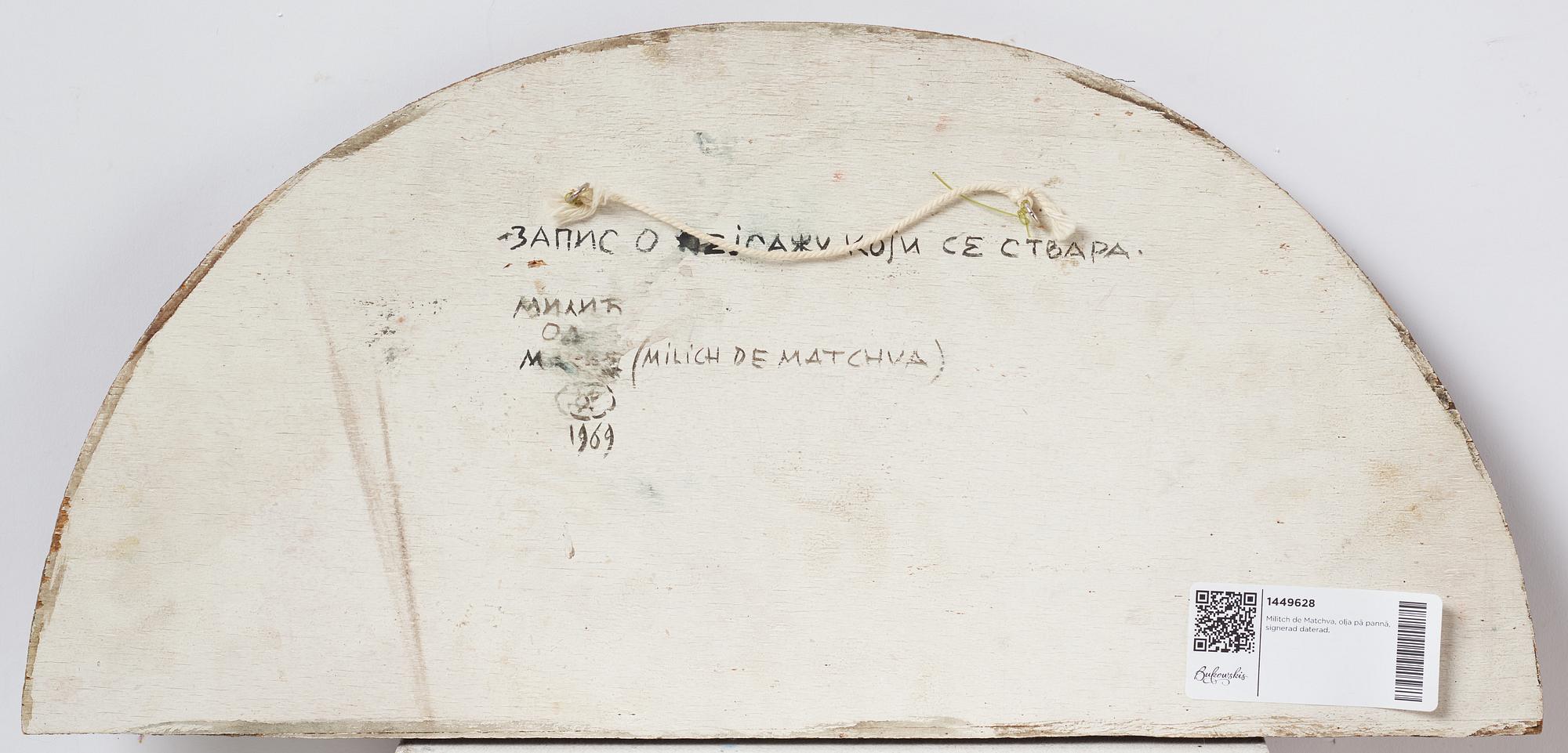 Milić od Mačve, olja på duk lagd på pannå, signerad och daterad 1969, även signerad och daterad 1969 a tergo.