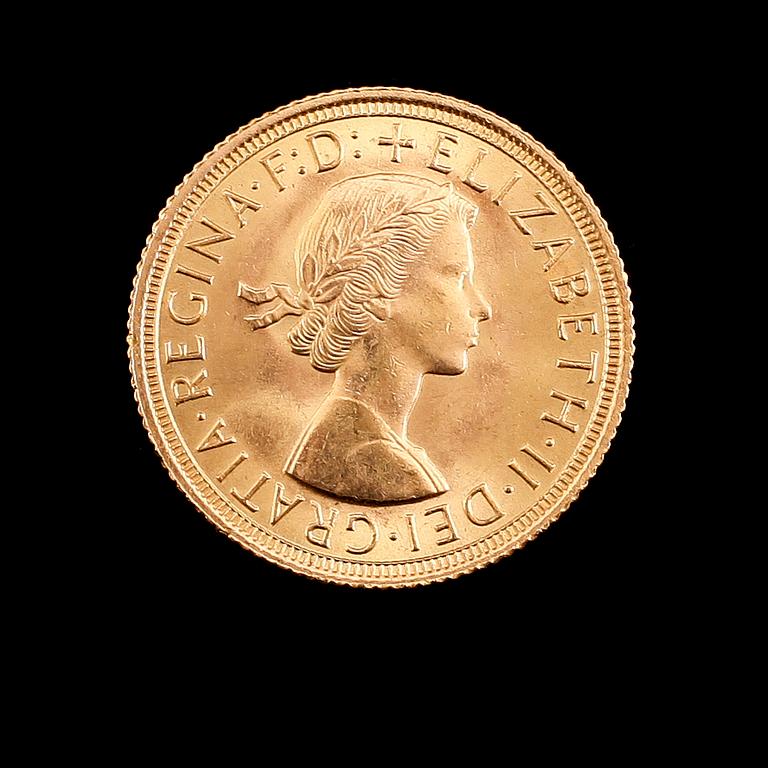 GULDMYNT, sovereign, Elizabeth II, 1962. Vikt ca 8 gram.