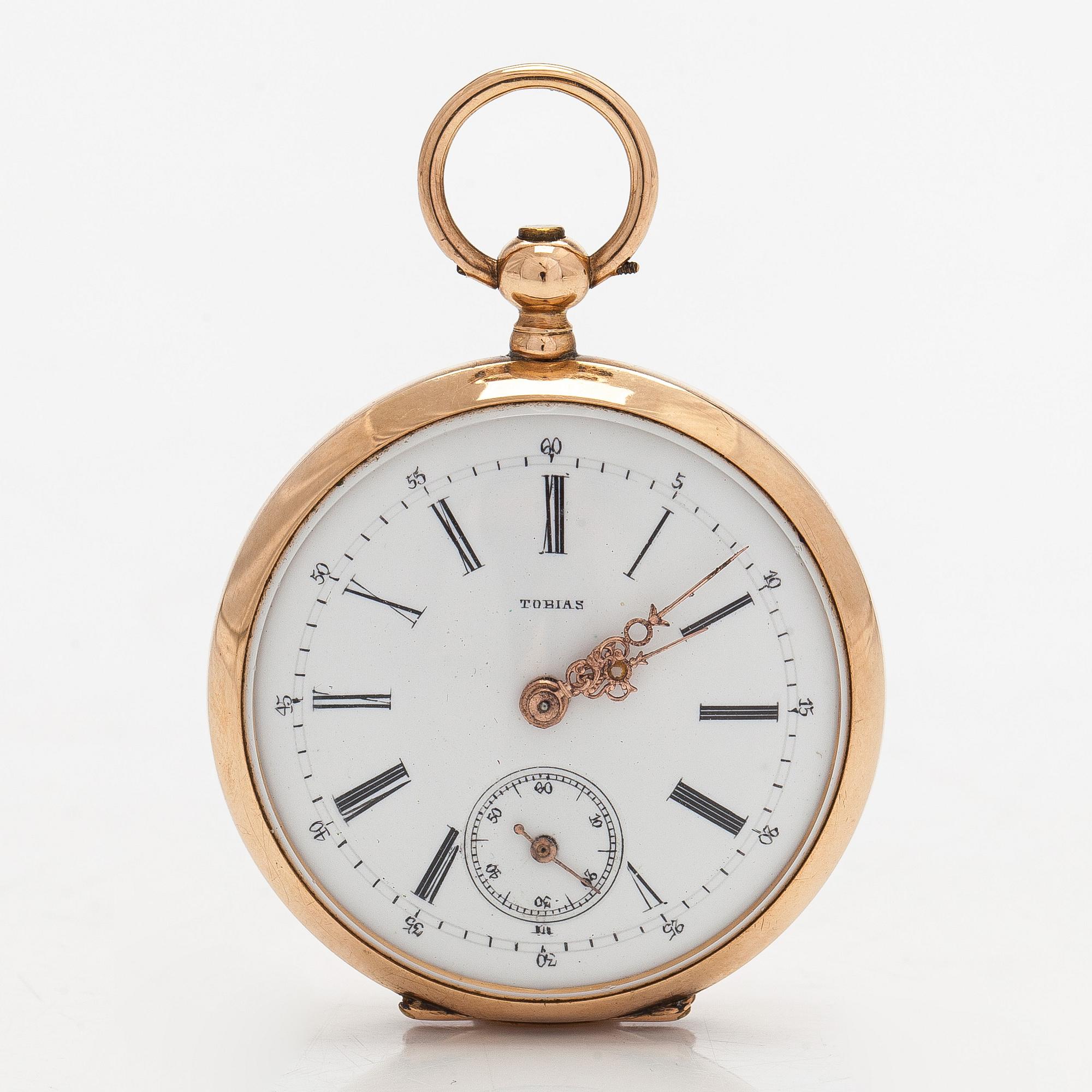 Pocket watch, Tobias, 34 mm, 14K gold, lever escapement, plastic crystal.