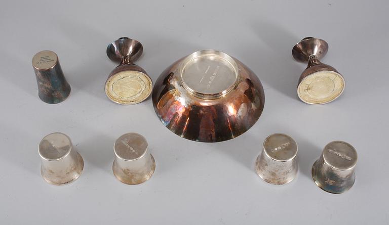 PARTI SILVER, 8 delar, bl a Eric Löfman, 1960-70-tal, Sverige, vikt exklusive ljusstakar ca 473 gram.