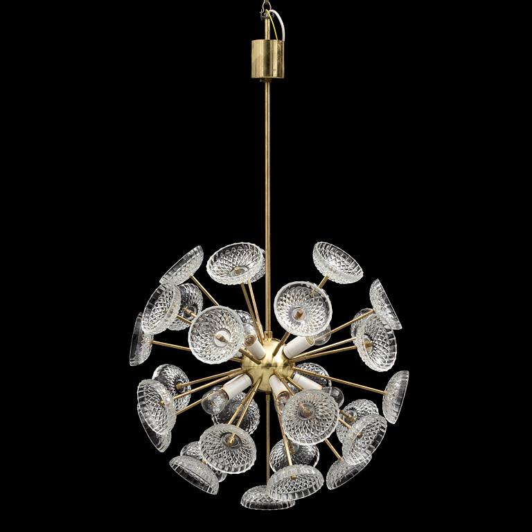 A 1960s brass and glass ceiling light. Total height ca 86 cm.