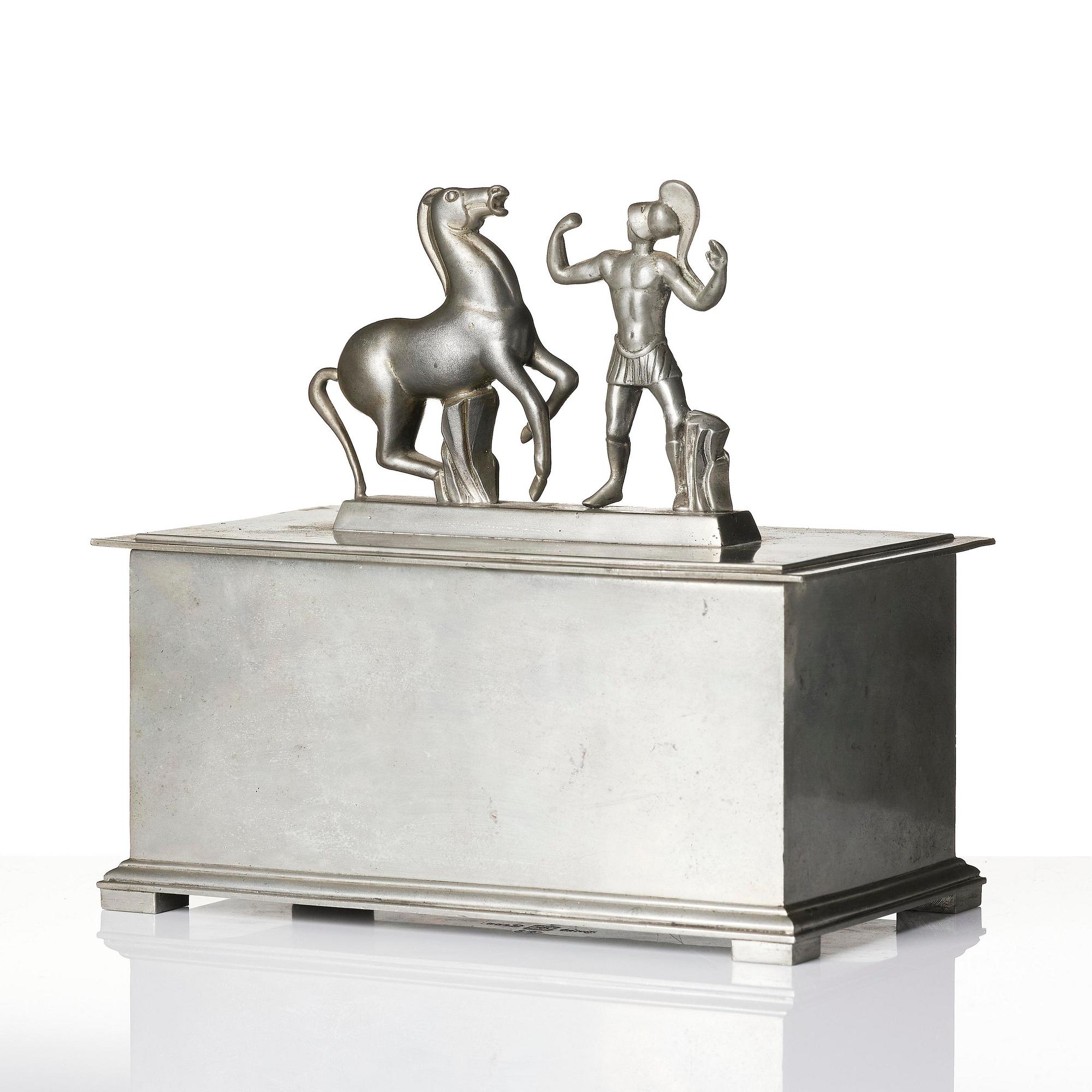 Oscar Antonsson, a "Hästbetvingaren" (Tamer of Horses) pewter box, Ystad-Metall, Sweden, 1932.