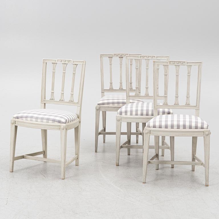 Three late Gustavian chairs, circa 1800. And one chair, late Gustavian style, 20th century.