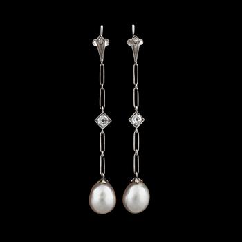 1047. A pair of cultured pearl and old-cut diamond earrings. Total carat weight of diamonds circa 0.20 ct.