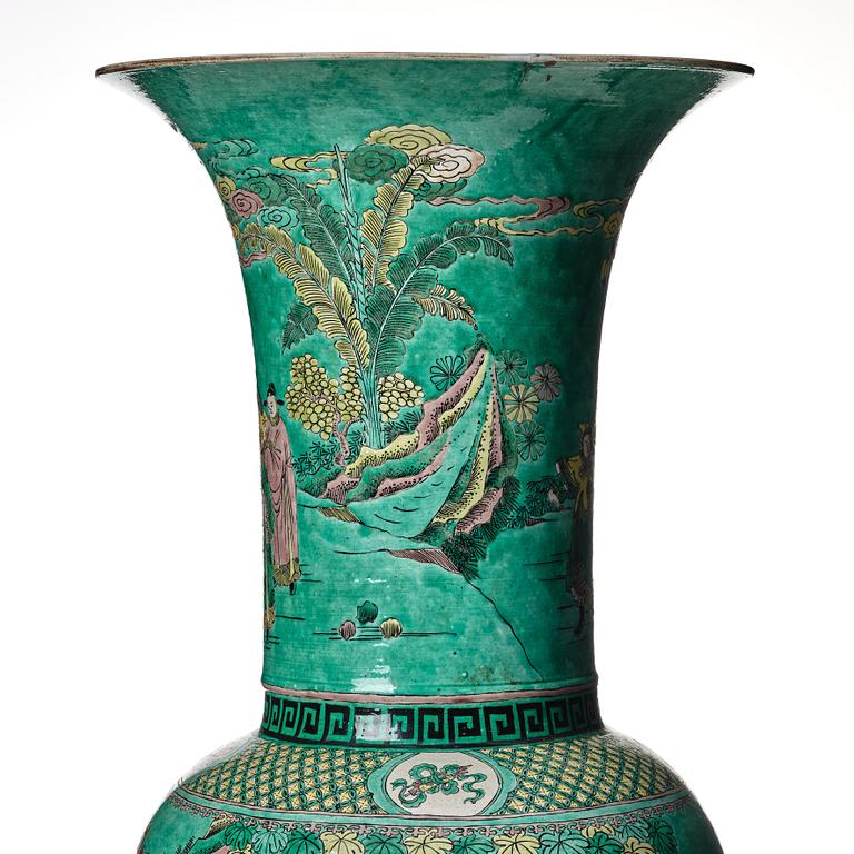 A massive famille verte bisquit vase, Qing dynasty with Kangxi mark to base.