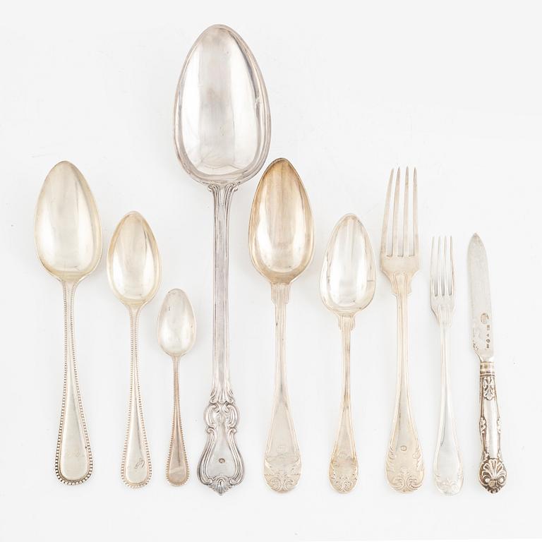 47 pieces of silver flat wear, Swedish master smiths, 18066-1905.