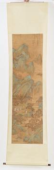 RULLMÅLNING med KALLIGRAFI, landskap med figurer. Troligen av kvinnlig konstnär (Yinhu från Tongjin), Qing (1644-1912).