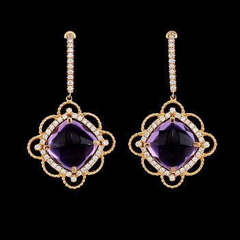 ÖRHÄNGEN, 1 par, 18K guld, Georland, diamanter tot ca 0.56 ct, ametister tot ca 7.67 ct. Vikt ca 6 g.