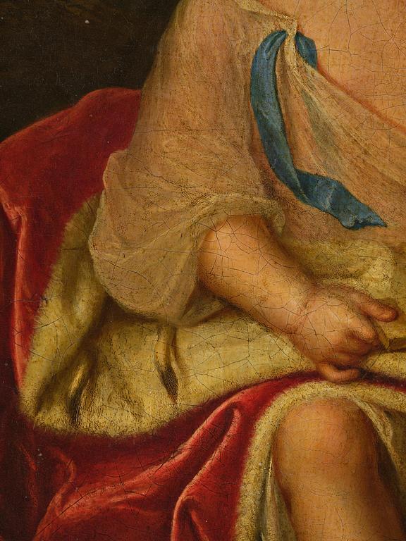 Nicolaes Maes, hans krets, Porträtt av en pojke i hermelinfodrad mantel och mops.