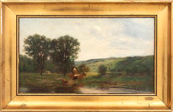 Unknown artist 19th century, Cows by the riverbank.