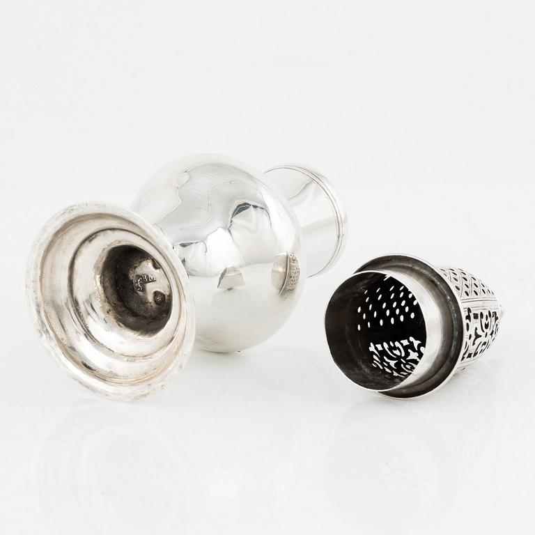 An English silver sugar shaker, marks of Benjamin Mordecai, London 1781.