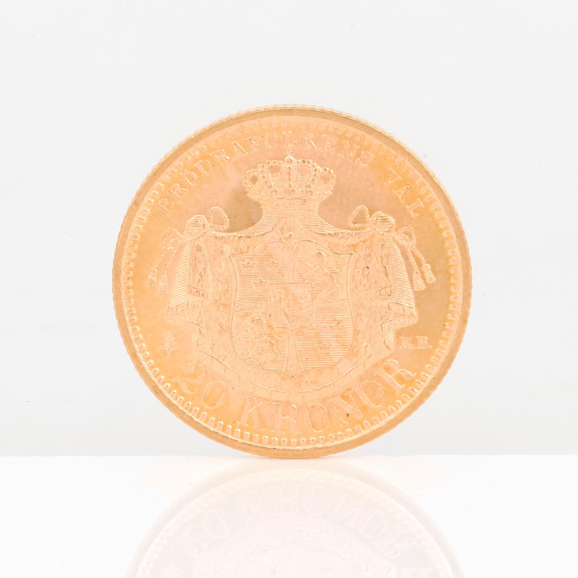 GULDMYNT, 20 kronor, Oscar II av Sverige och Norge 1901. Vikt ca 9 gram.