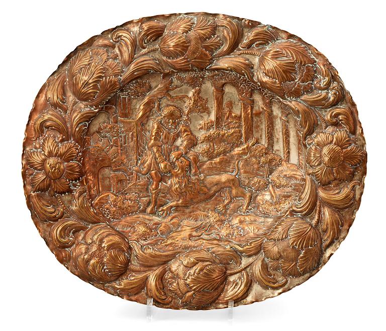 A Baroque circa 1700 silvered copper dish.