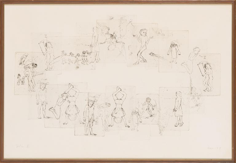 Outi Heiskanen, kompiisi / etsauksia, signeerattu ja päivätty -79, numeroitu Tpl'a II.