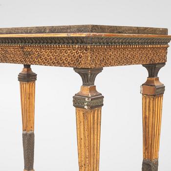 A giltwood, patinated, and faux-marbre console table in the manner of J. Frisk, Stockholm, circa 1800.