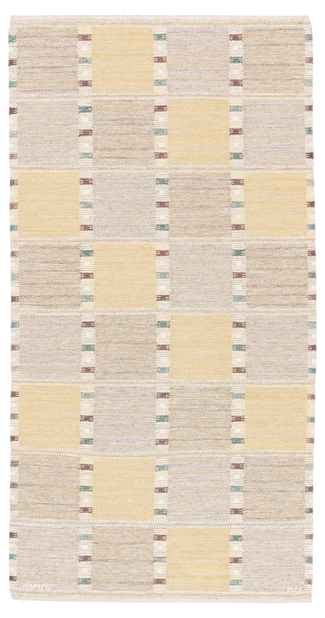 Barbro Nilsson, a carpet, 'Falurutan gul S', flat weave, c. 223 x 115 cm, signed AB MMF BN.