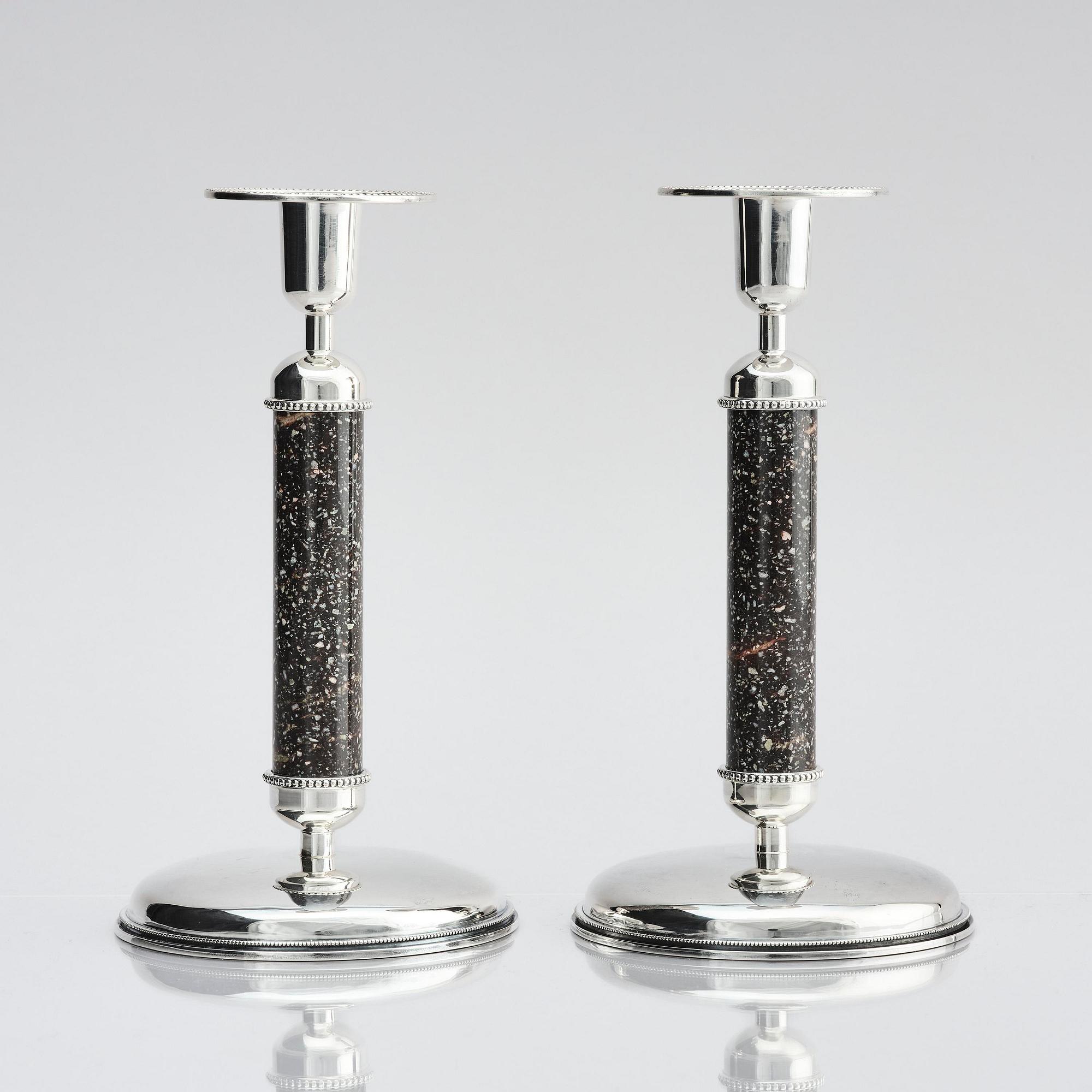 Henrik Ingemansson, a pair of sterling silver and Älvdal porphyry candelsticks, Ingemansson's Smithy, Stockholm, 2002.