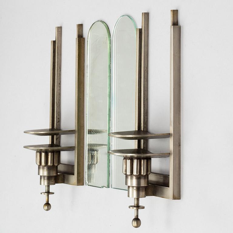 WALL LIGHTS, a pair of 1930's white metal and mirror glass.