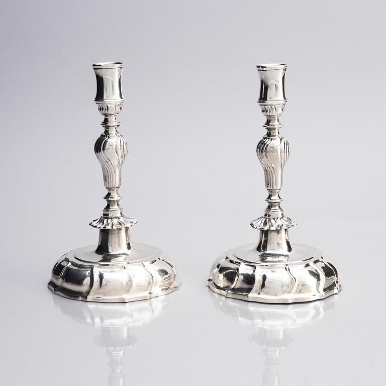 A pair of German 18th cenury silver candlesticks, marks of Johann Georg Rahm, Rostock circa 1770.