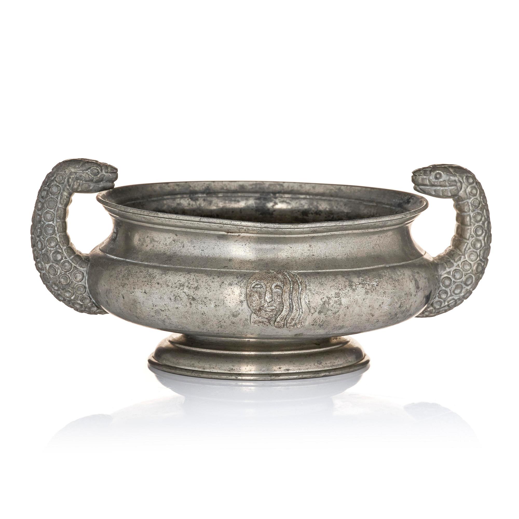 Anna Petrus, & Estrid Ericson, a pewter bowl with handles, model A 309, Firma Svenskt Tenn, Stockholm, 1927.