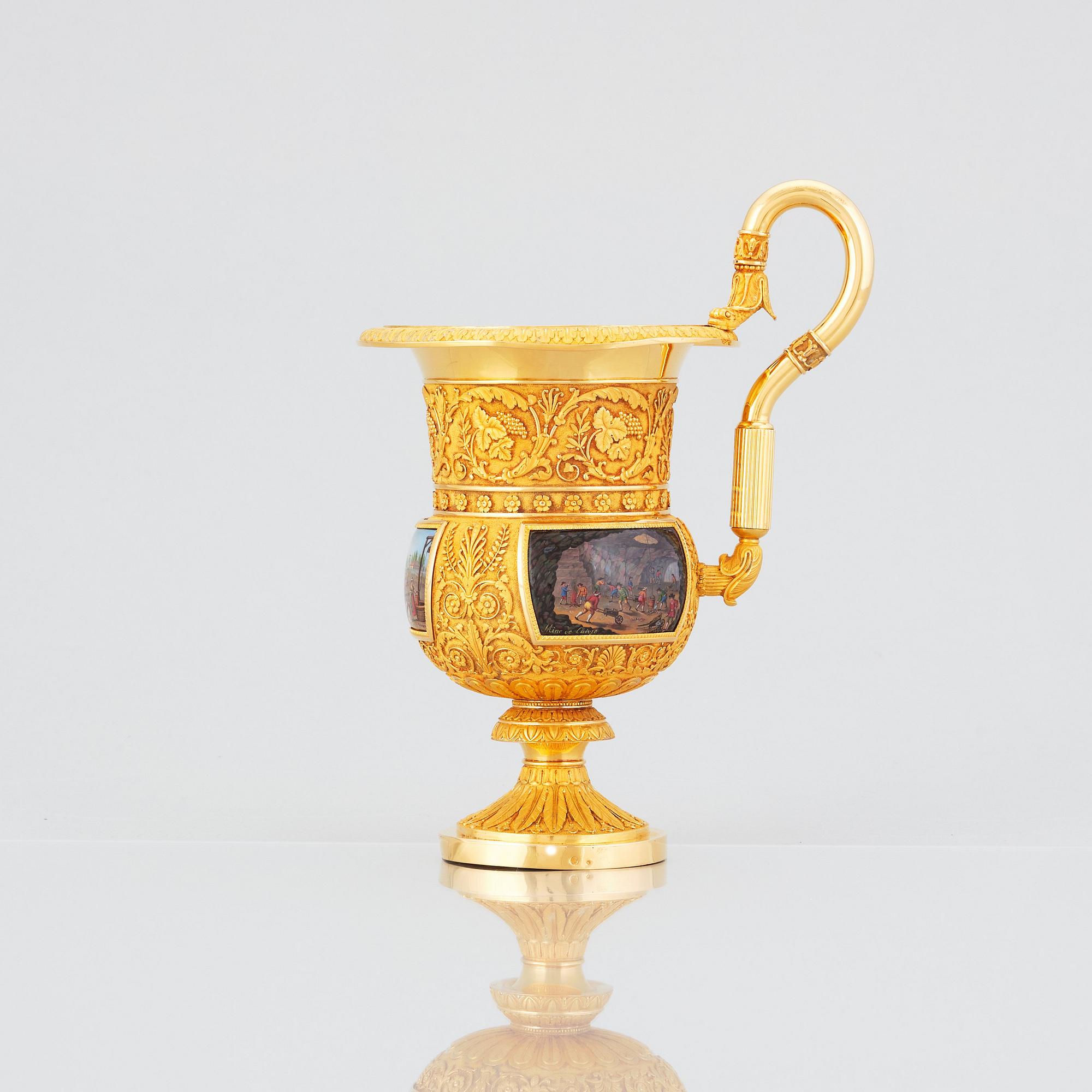 Paradkopp med fat, "The Demidoff cup", guld och emalj, Gabriel-Raoul Morel, Paris, daterad 1824.