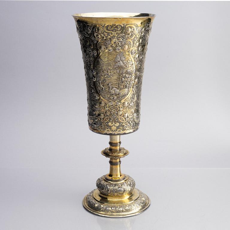 A partially gilded silver chalice, historicism, 19th century, baroque style, fantasy marks.