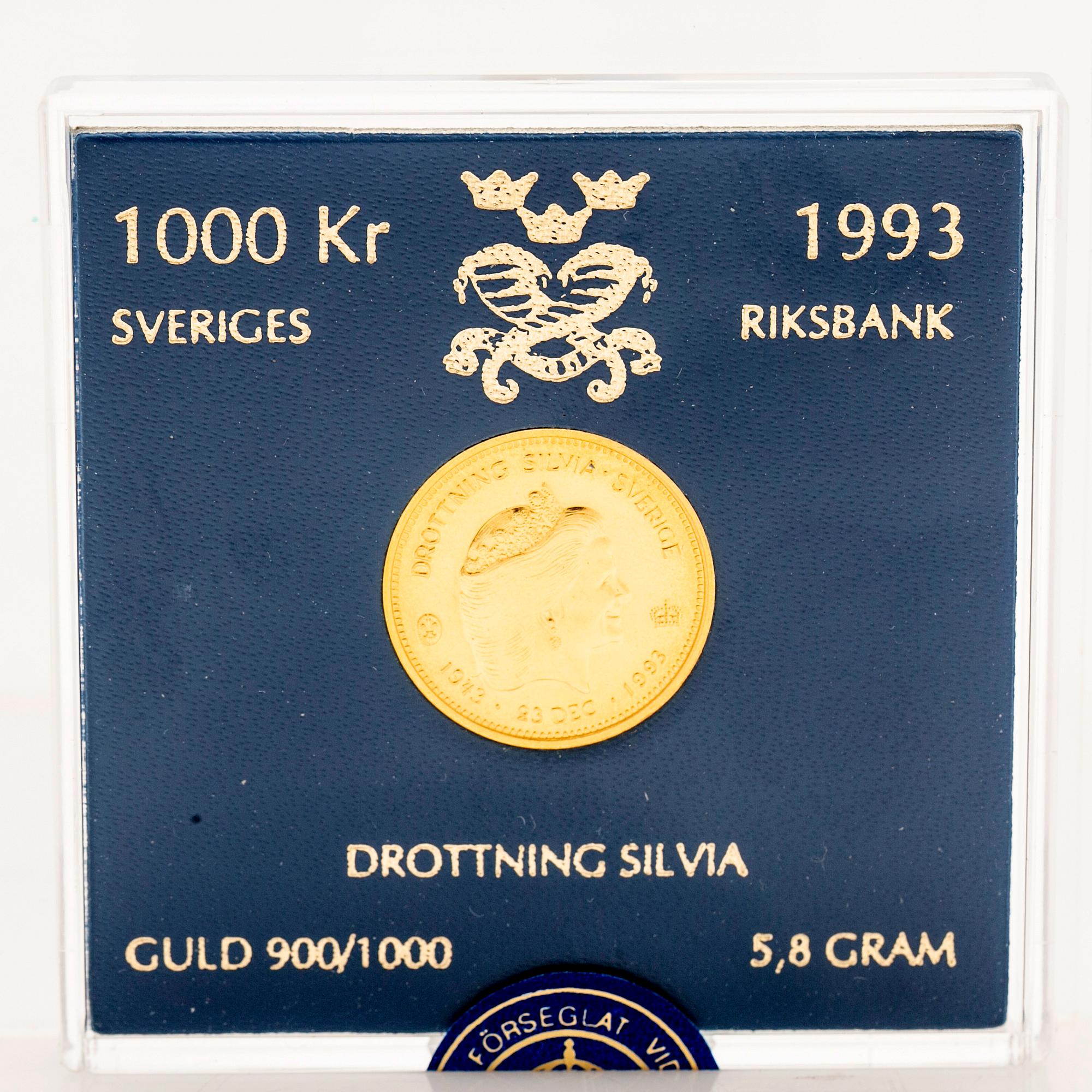 Gold coin, 21.6 carat, Queen Silvia, “SEK 1,000”, Sveriges Riksbank, 1993.