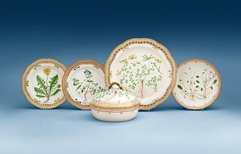 A set of four Royal Copenhagen 'Flora Danica' serving dishes and a vegetable turen with cover, 20th Century.