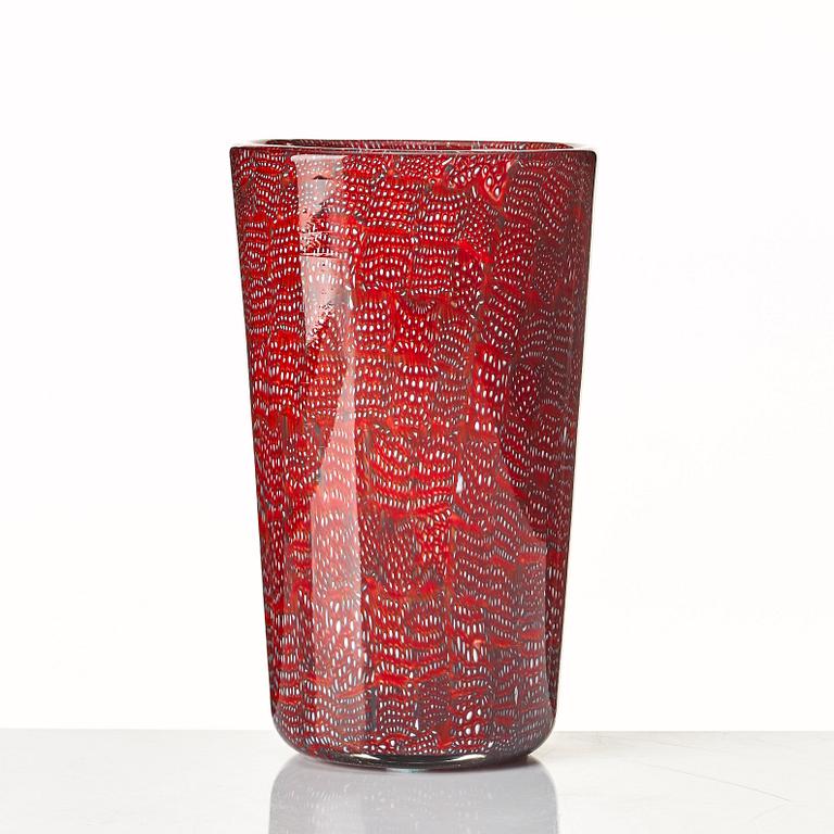 Paolo Venini, a red and opaque "Murrine a Puntini" vase, Venini Murano, Italy 1950-60's.