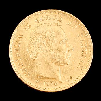 GULDMYNT, 10 kr, Christian IX, 1874. Vikt ca 4 gram.