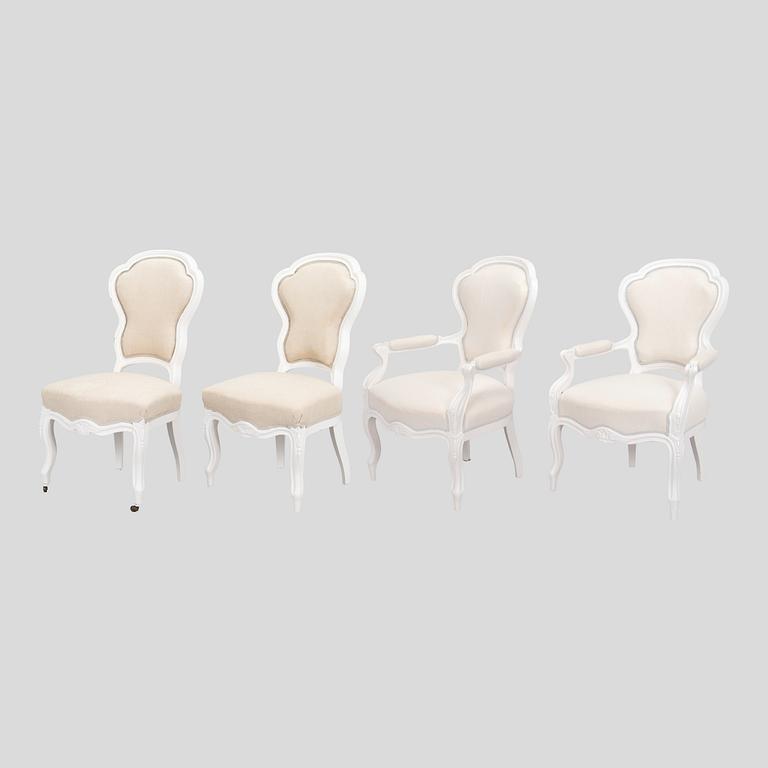 A pair of armchairs, and a pair of chairs, around 1900.