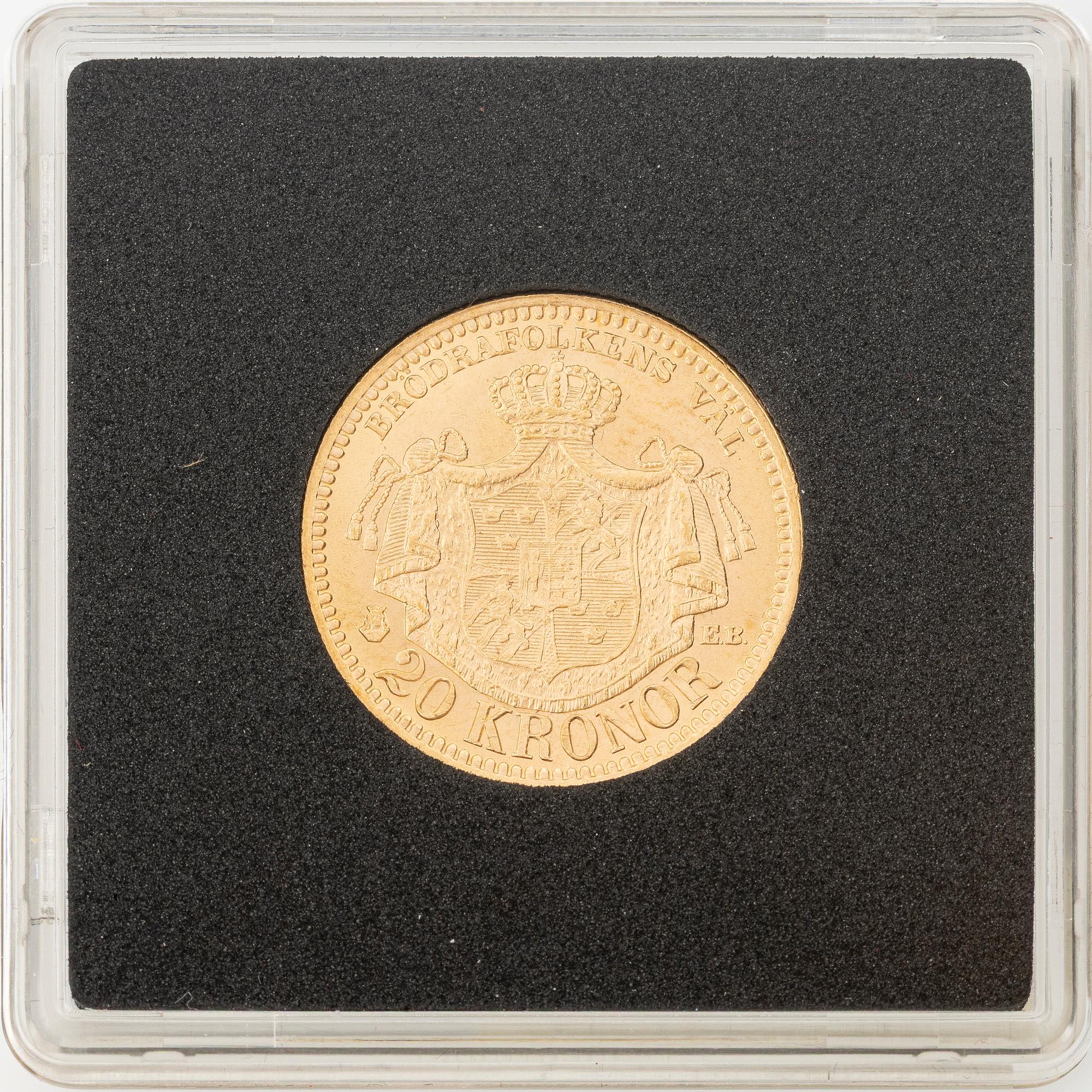 Gold coin, Oscar II, 20Kr, Type III, Sweden 1887.