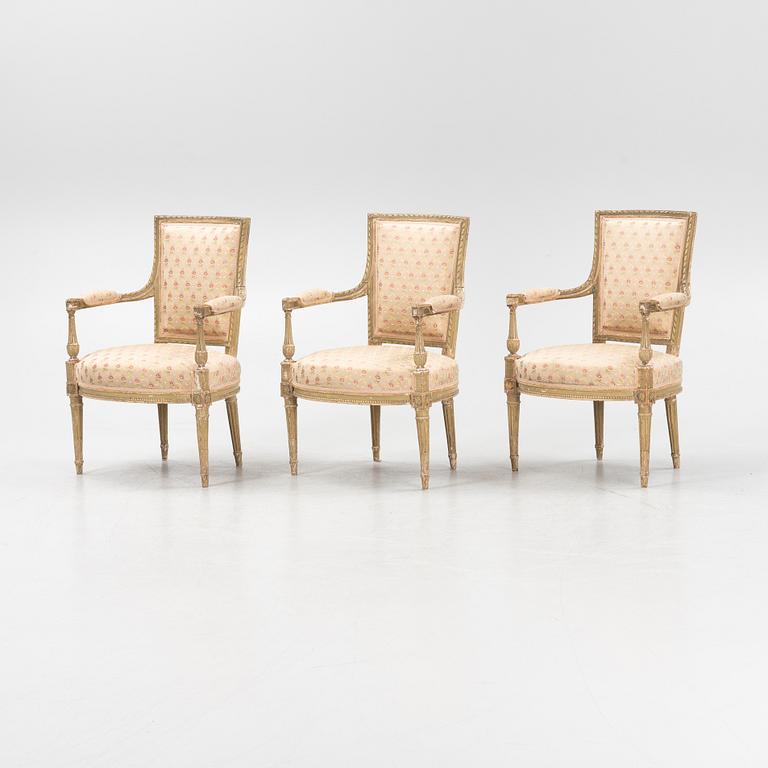 Three Louis XVI armchairs, France, late 18th century.