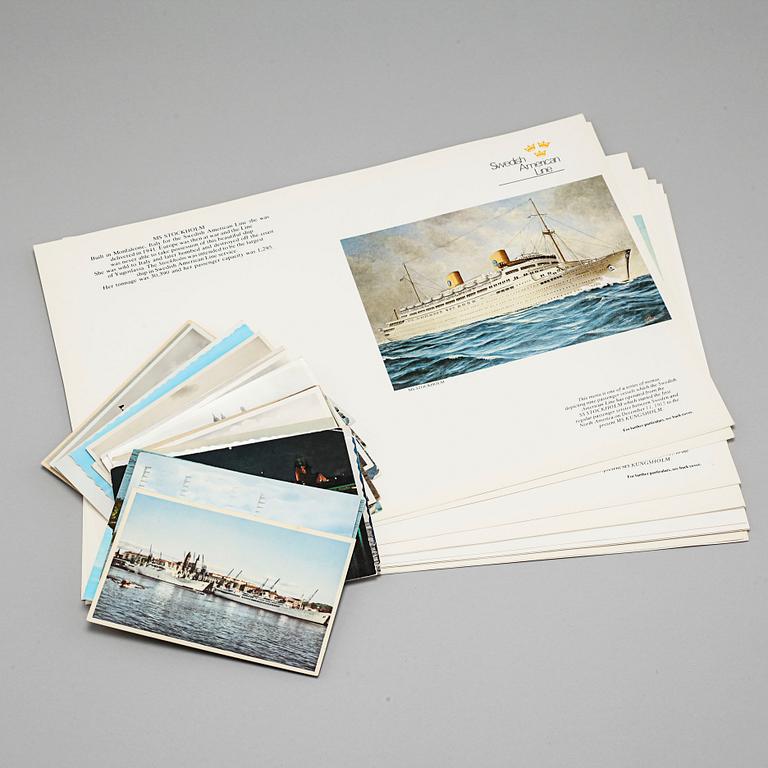 Memorabilia from the Swedish American Line, meny folders and postcards, 20th century.