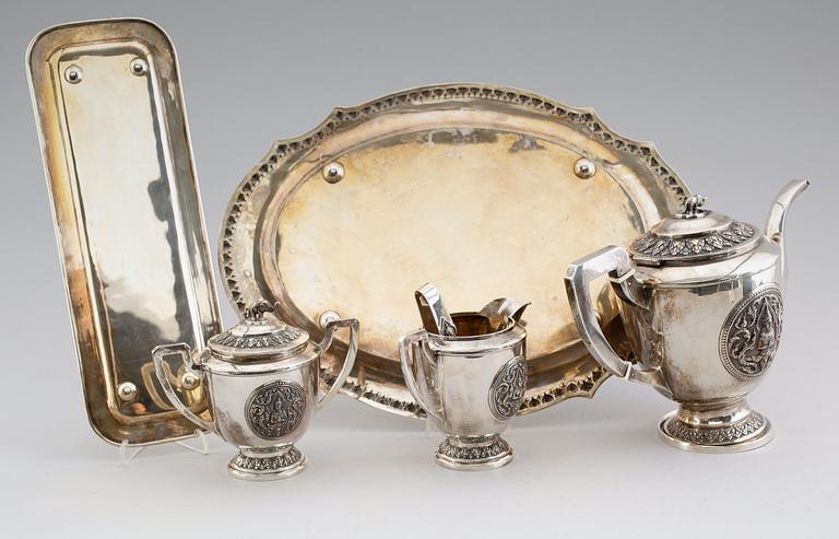 KAFFESERVIS, 6 delar, silver, Siam, 1900-talets andra hälft. Vikt ca 1565 gram.