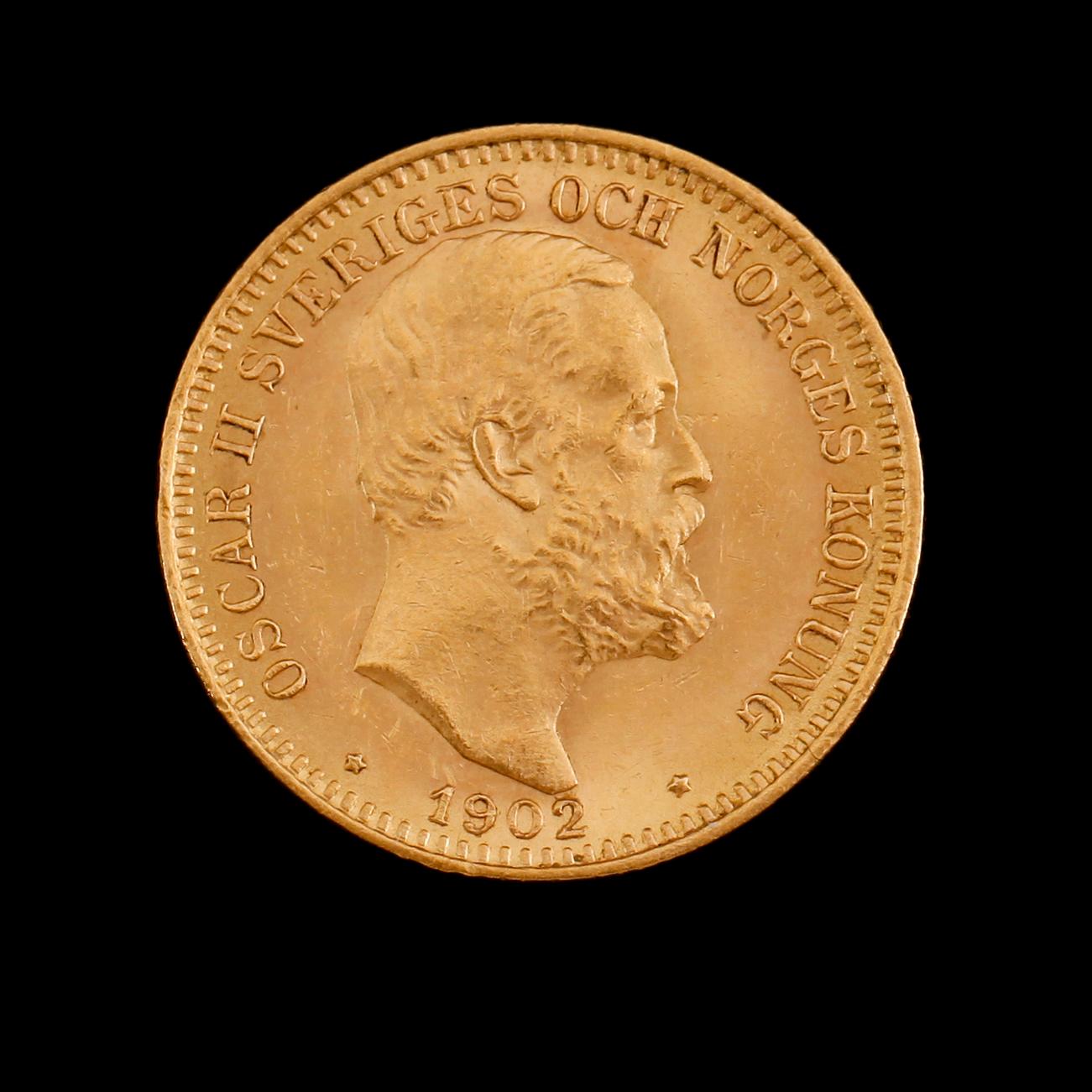 GULDMYNT, 20 kronor, Oscar II, 1902. Vikt ca 9 gram.