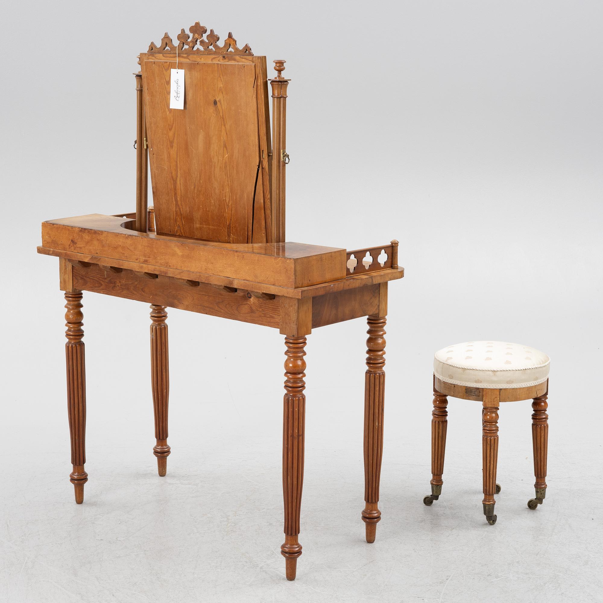 Dressing table with stool, Empire/Gothic Revival, circa mid-19th Century.