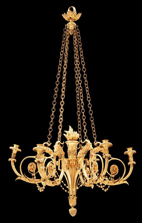 A Louis XVI-style 19th century six-light gilt bronze hanging-lamp.