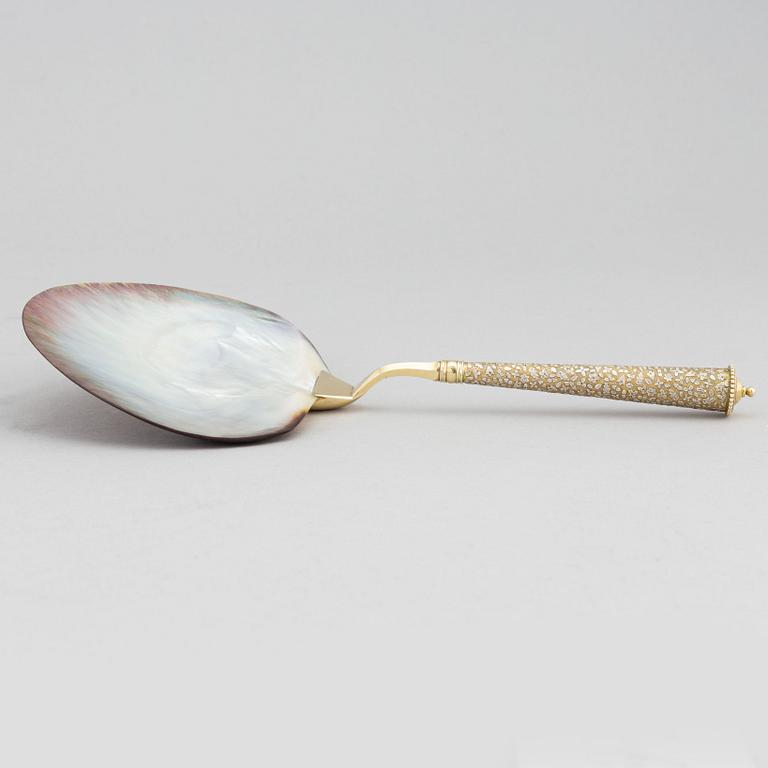 A silver and mother of pearl serving spoon, P. Hertz, Copenhagen, Denmark, 1885.